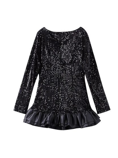 Mini Dresses - Elegant Sequin Mini Dress with Playful Ruffles