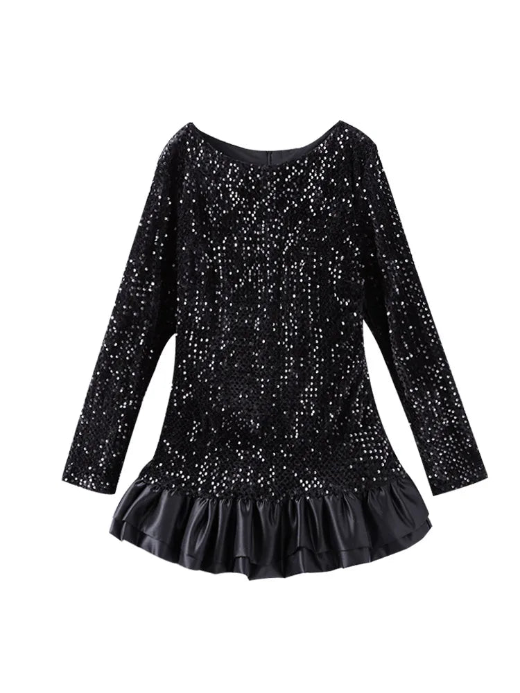 Mini Dresses - Elegant Sequin Mini Dress with Playful Ruffles