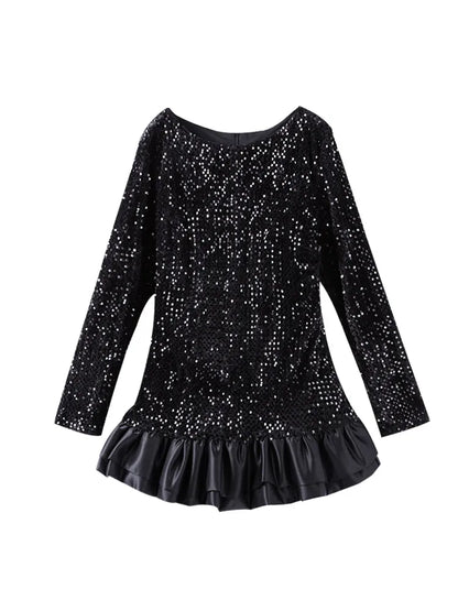 Mini Dresses - Elegant Sequin Mini Dress with Playful Ruffles