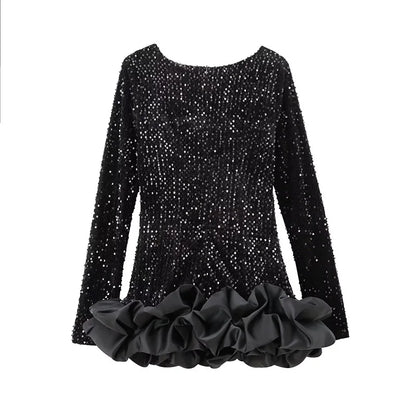 Mini Dresses - Elegant Sequin Mini Dress with Playful Ruffles