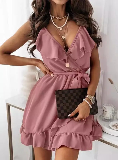 Mini Dresses - Elegant V-Neck Wrap Mini Dress – Feminine and Flirty