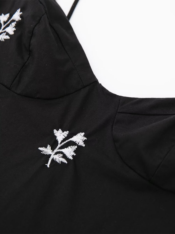 Mini Dresses - Embroidered Black Mini Dress for Outdoor Events