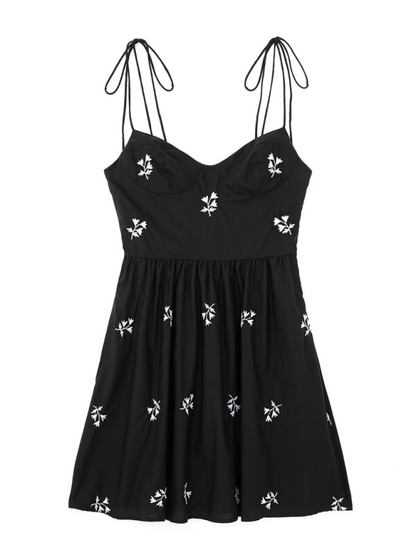 Mini Dresses - Embroidered Black Mini Dress for Outdoor Events