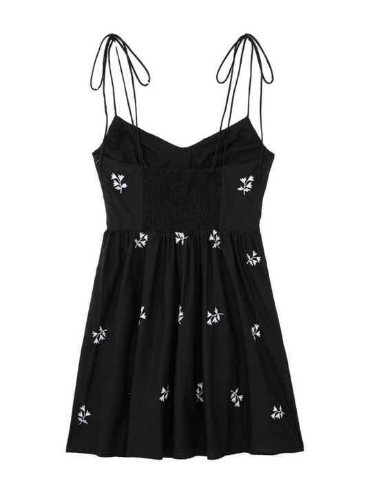 Mini Dresses - Embroidered Black Mini Dress for Outdoor Events