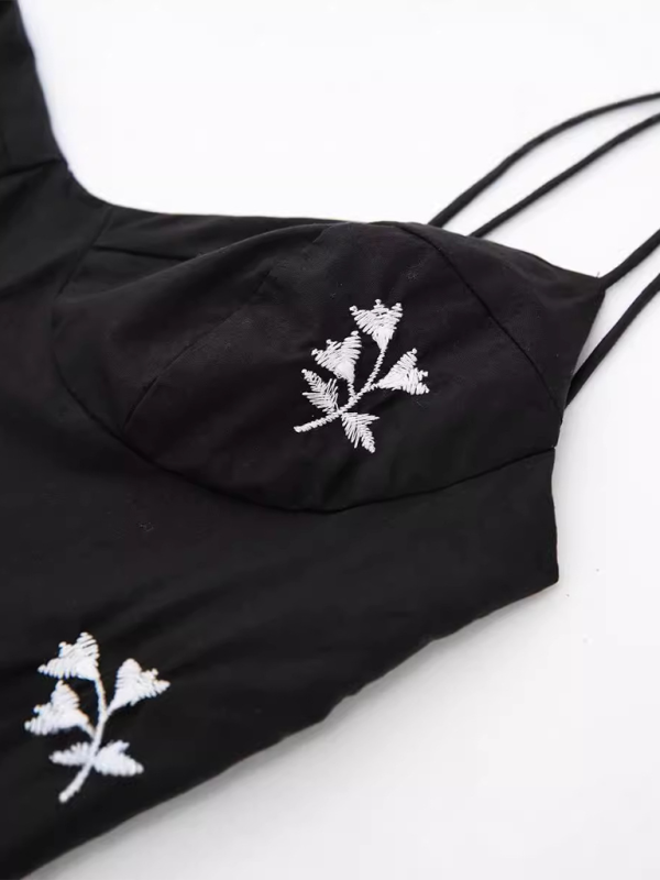 Mini Dresses - Embroidered Black Mini Dress for Outdoor Events