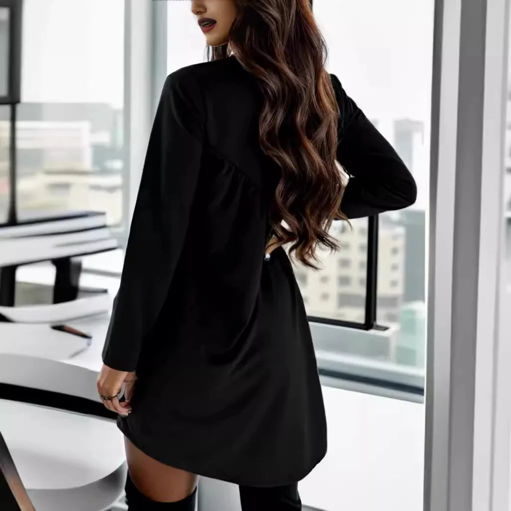 Mini Dresses - Fall Draped Black Mini Dress Long Sleeve