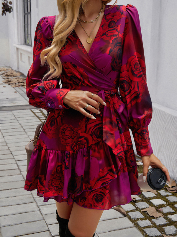 Mini Dresses- Fall Rose-Print Wrap Dress- - Pekosa Women Fashion