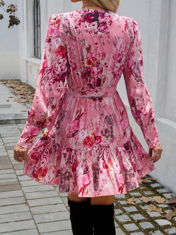 Mini Dresses- Fall Rose-Print Wrap Dress- - Pekosa Women Fashion