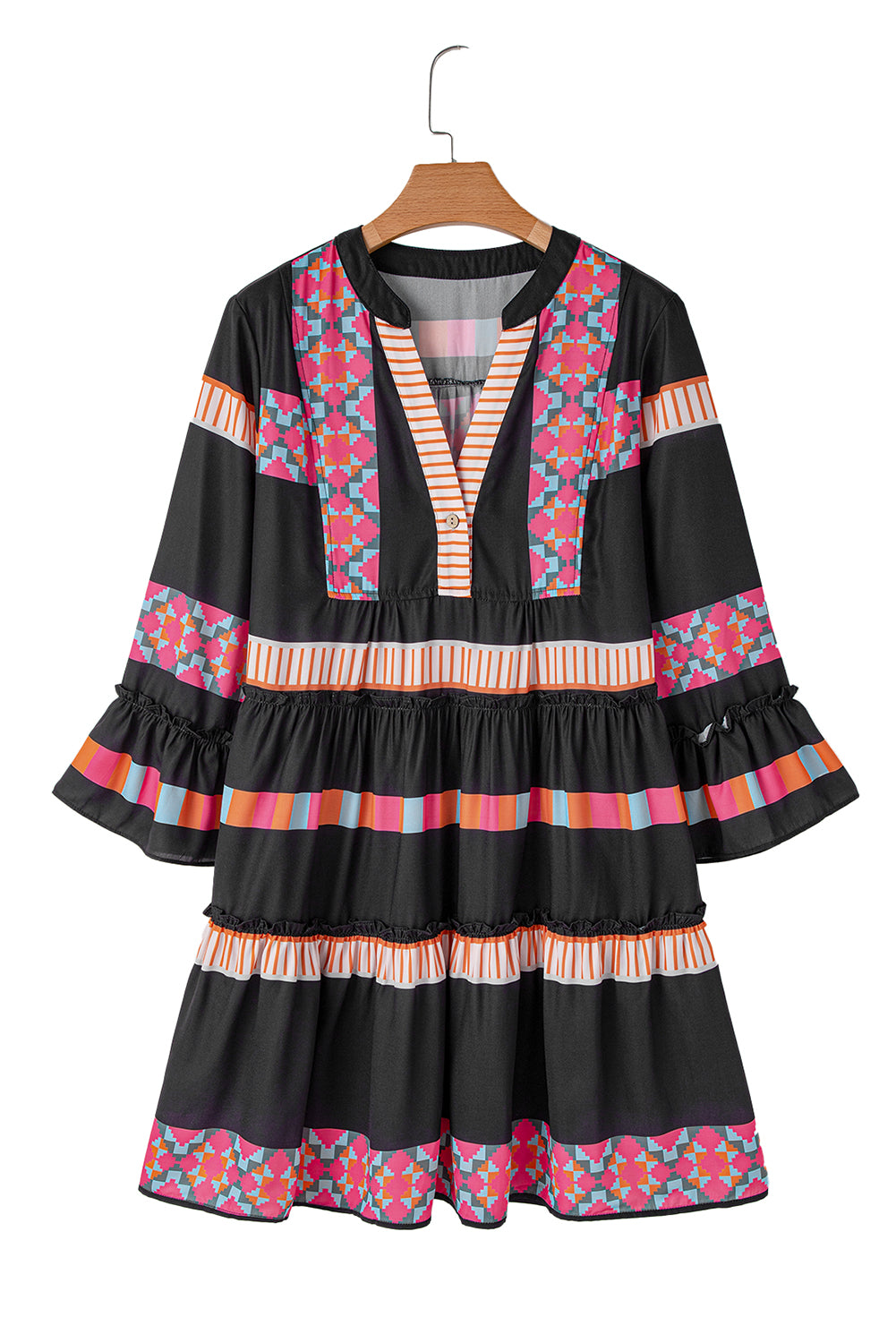 Mini Dresses - Fall Taupe Boho Ethnic Print V-Neck Ruffle Dress