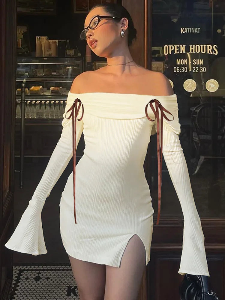 Feel Beautiful in Off-Shoulder Ribbed Dress with Ribbon Ties