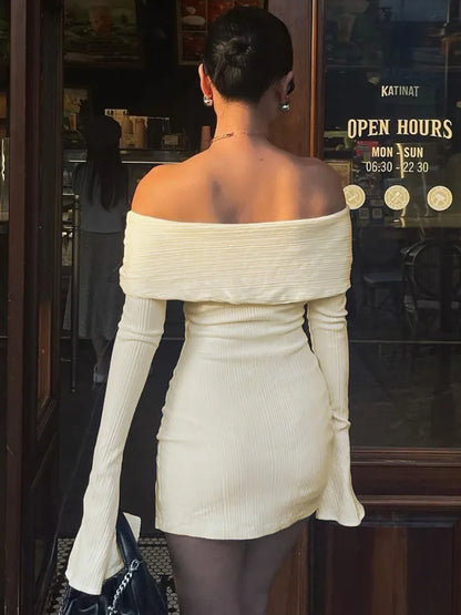 Feel Beautiful in Off-Shoulder Ribbed Dress with Ribbon Ties