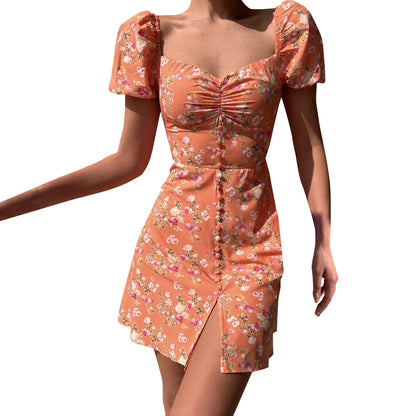 Mini Dresses - Fitted Floral Milkmaid Mini with Button Details