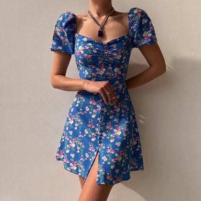 Mini Dresses - Fitted Floral Milkmaid Mini with Button Details