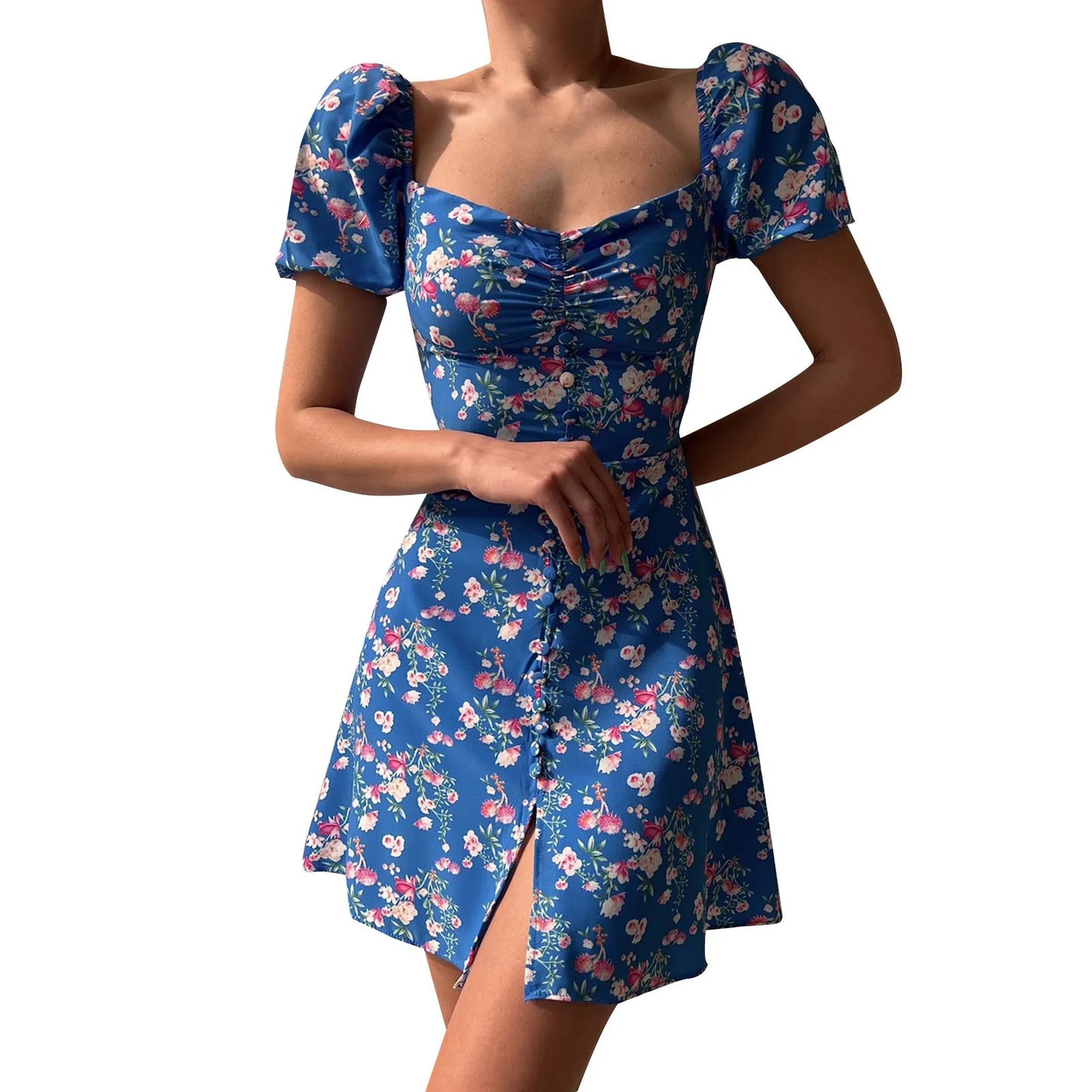 Mini Dresses - Fitted Floral Milkmaid Mini with Button Details