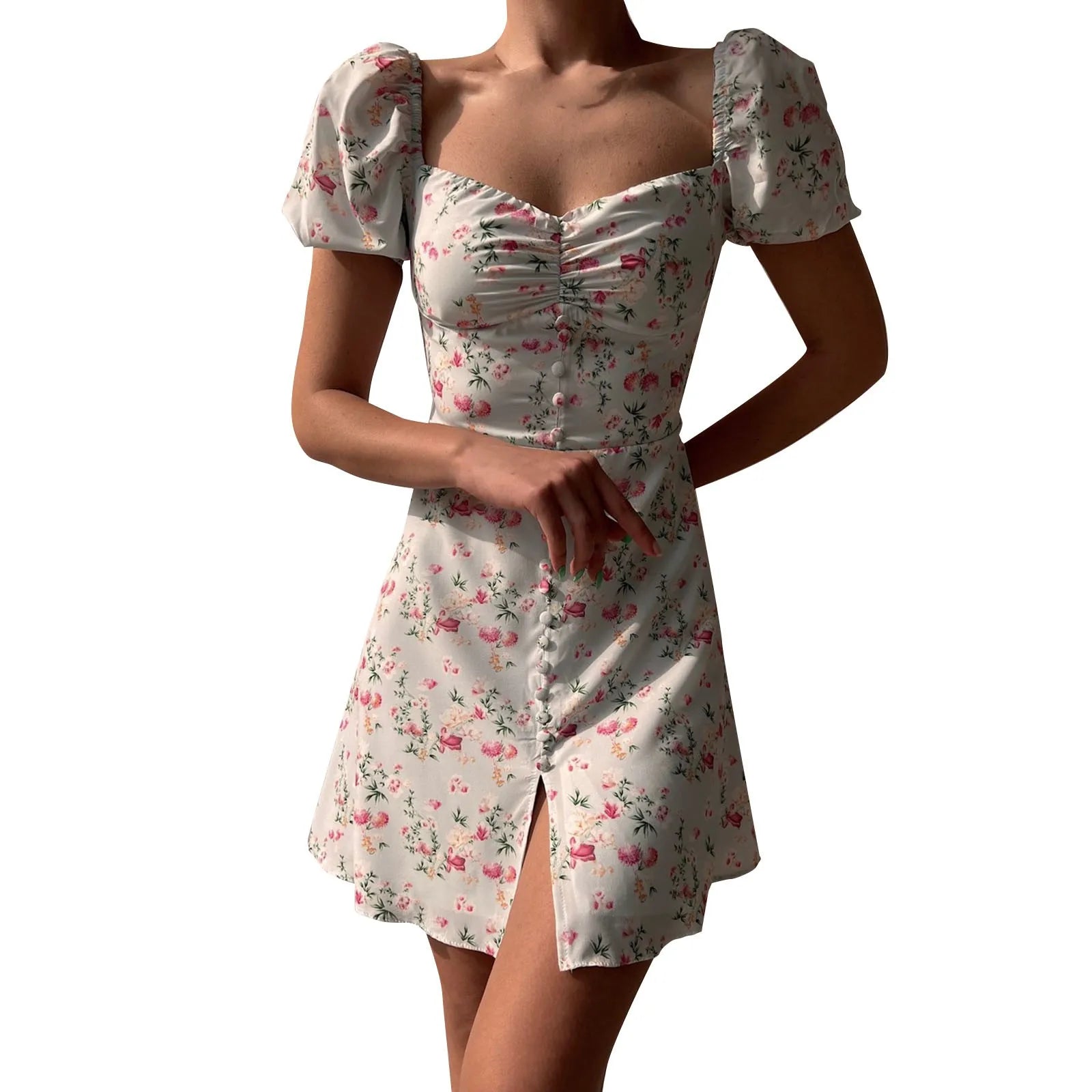 Mini Dresses - Fitted Floral Milkmaid Mini with Button Details