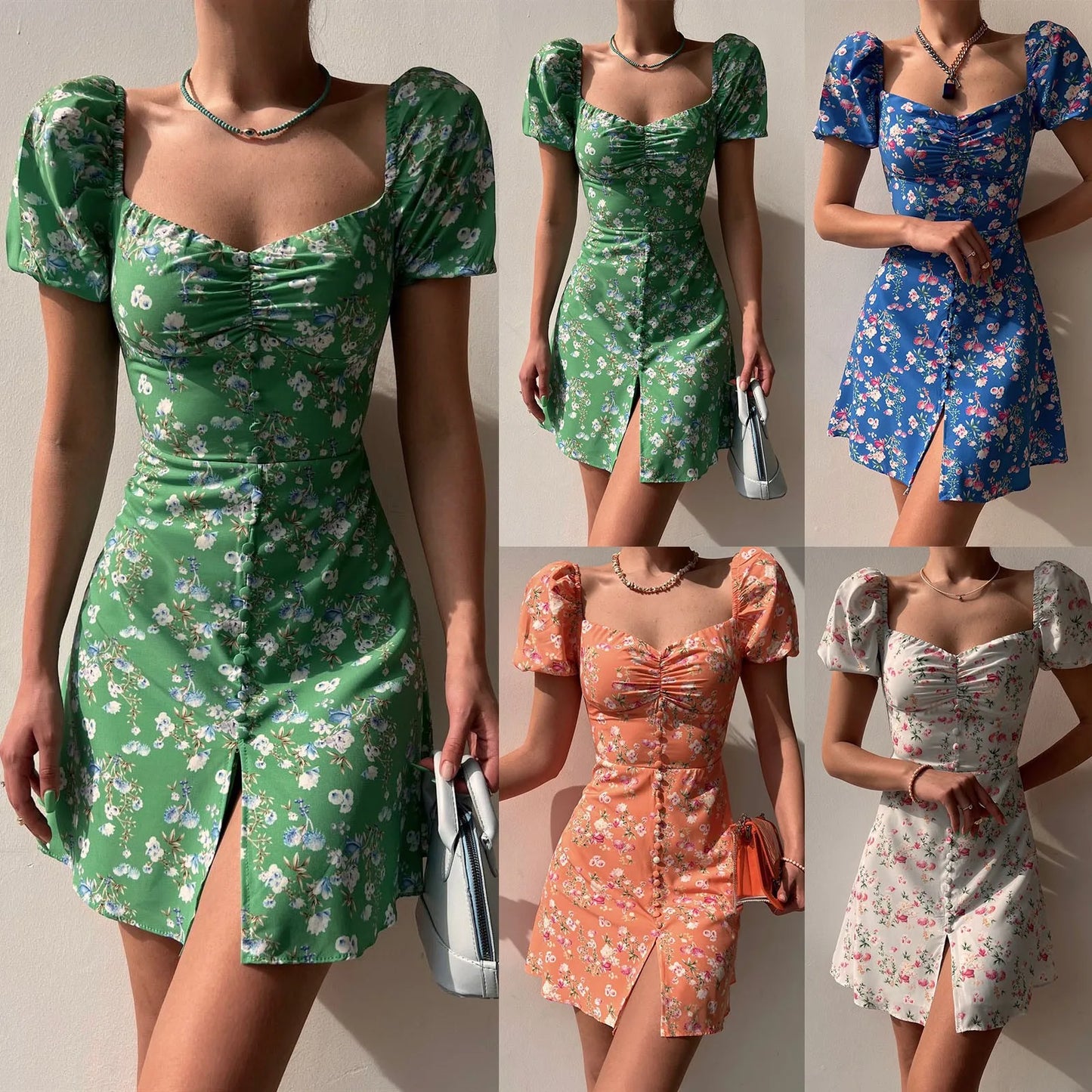 Mini Dresses - Fitted Floral Milkmaid Mini with Button Details