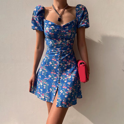 Mini Dresses - Fitted Floral Milkmaid Mini with Button Details