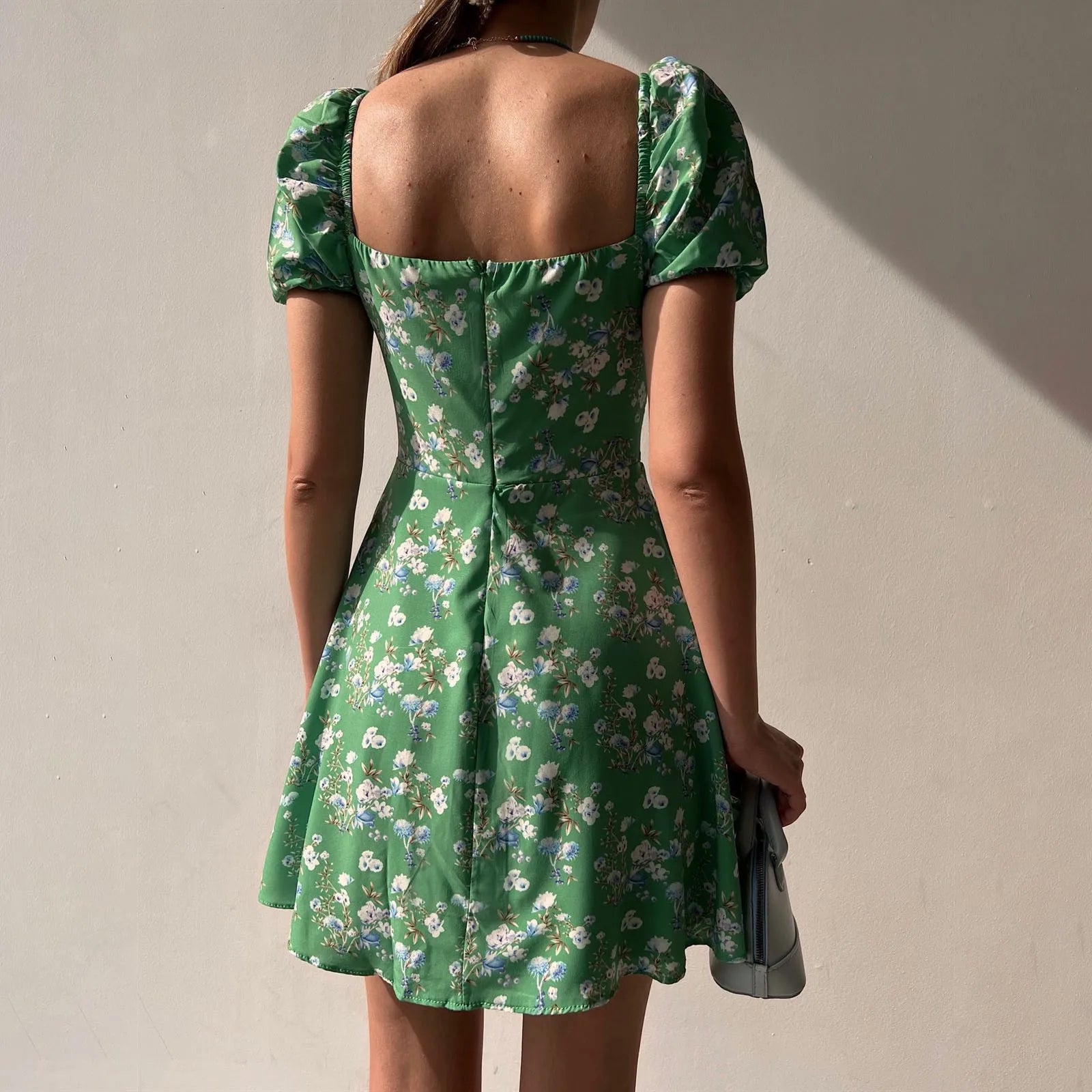 Mini Dresses - Fitted Floral Milkmaid Mini with Button Details