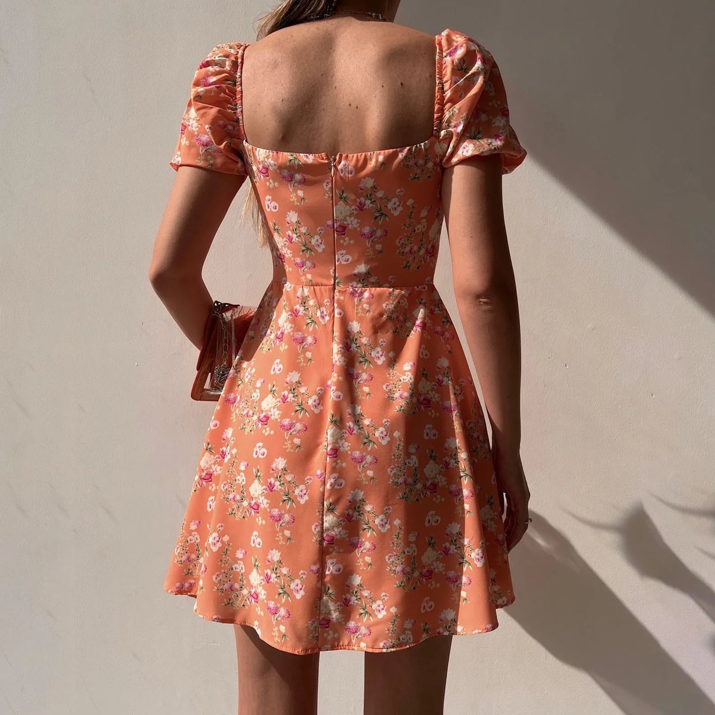 Mini Dresses - Fitted Floral Milkmaid Mini with Button Details