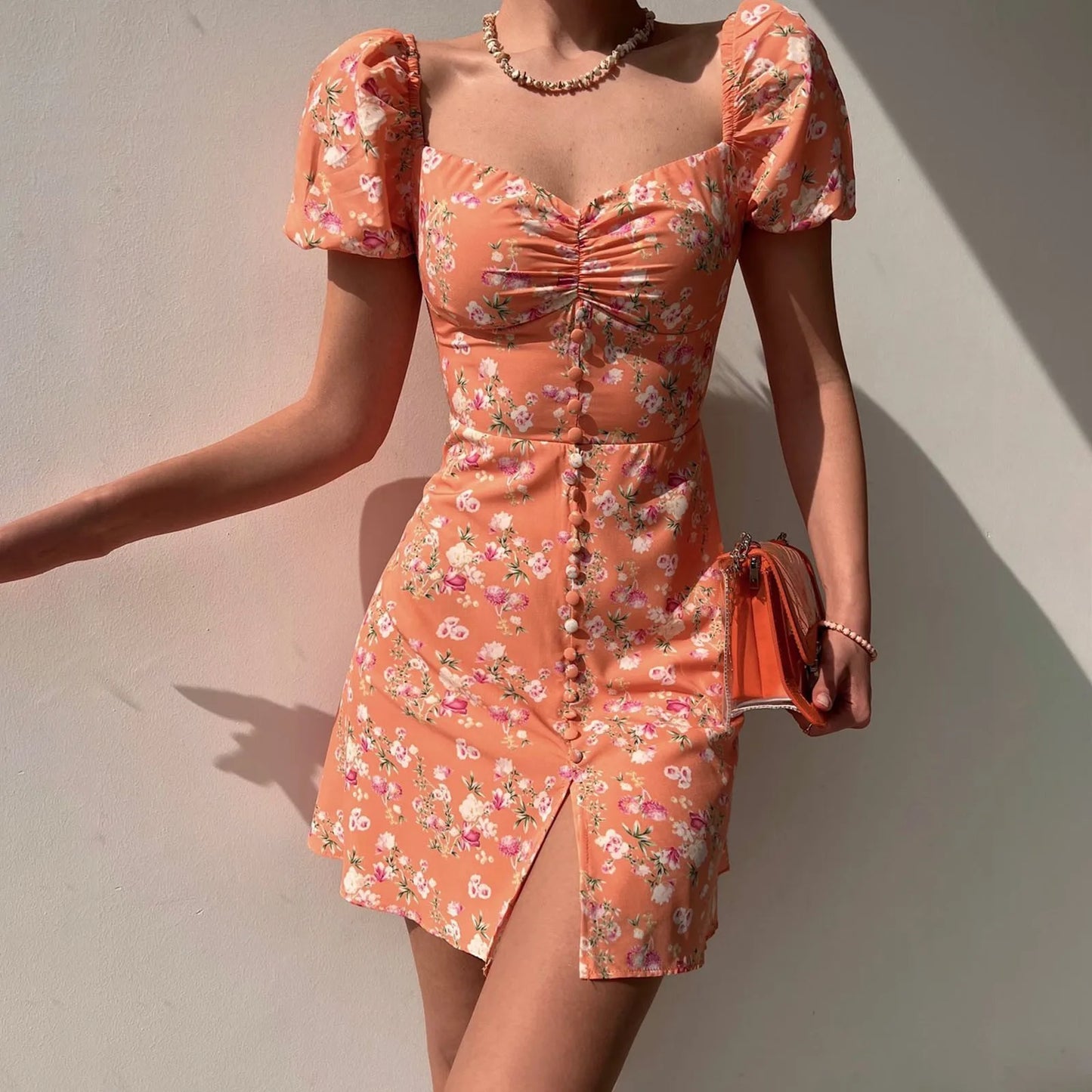 Mini Dresses - Fitted Floral Milkmaid Mini with Button Details