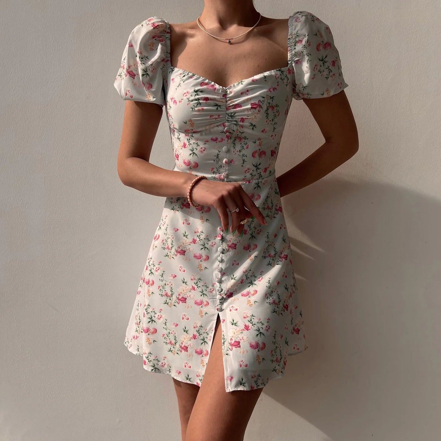 Mini Dresses - Fitted Floral Milkmaid Mini with Button Details