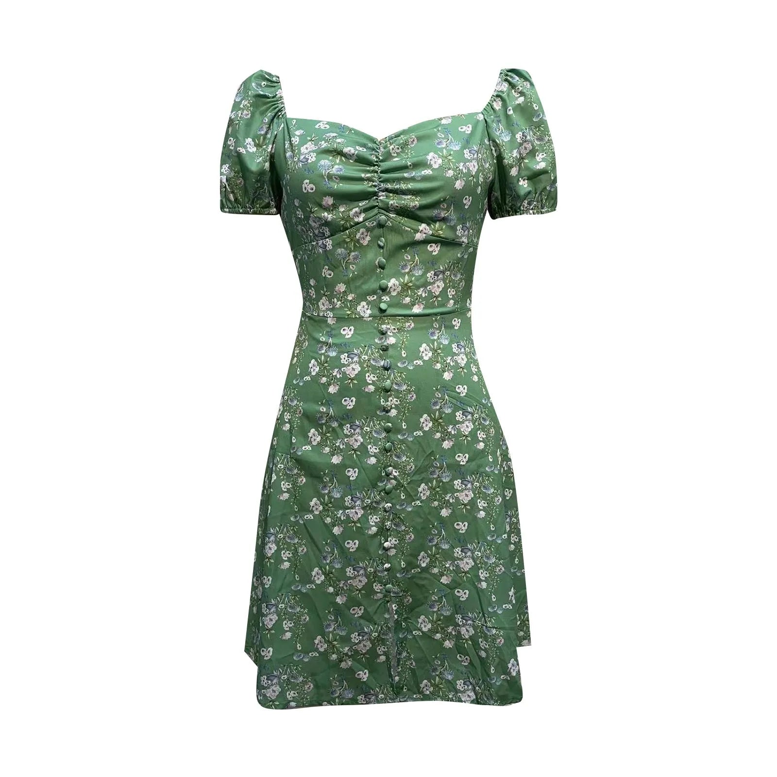 Mini Dresses - Fitted Floral Milkmaid Mini with Button Details