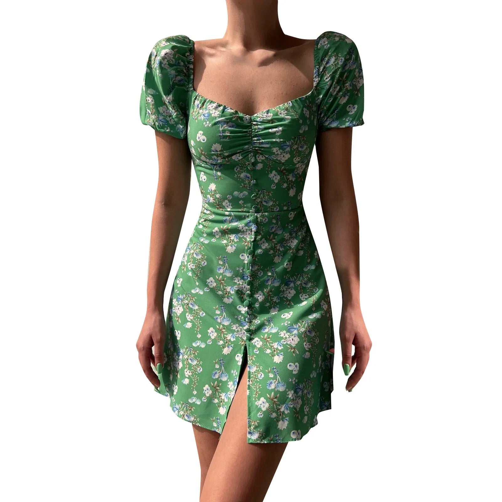 Mini Dresses - Fitted Floral Milkmaid Mini with Button Details