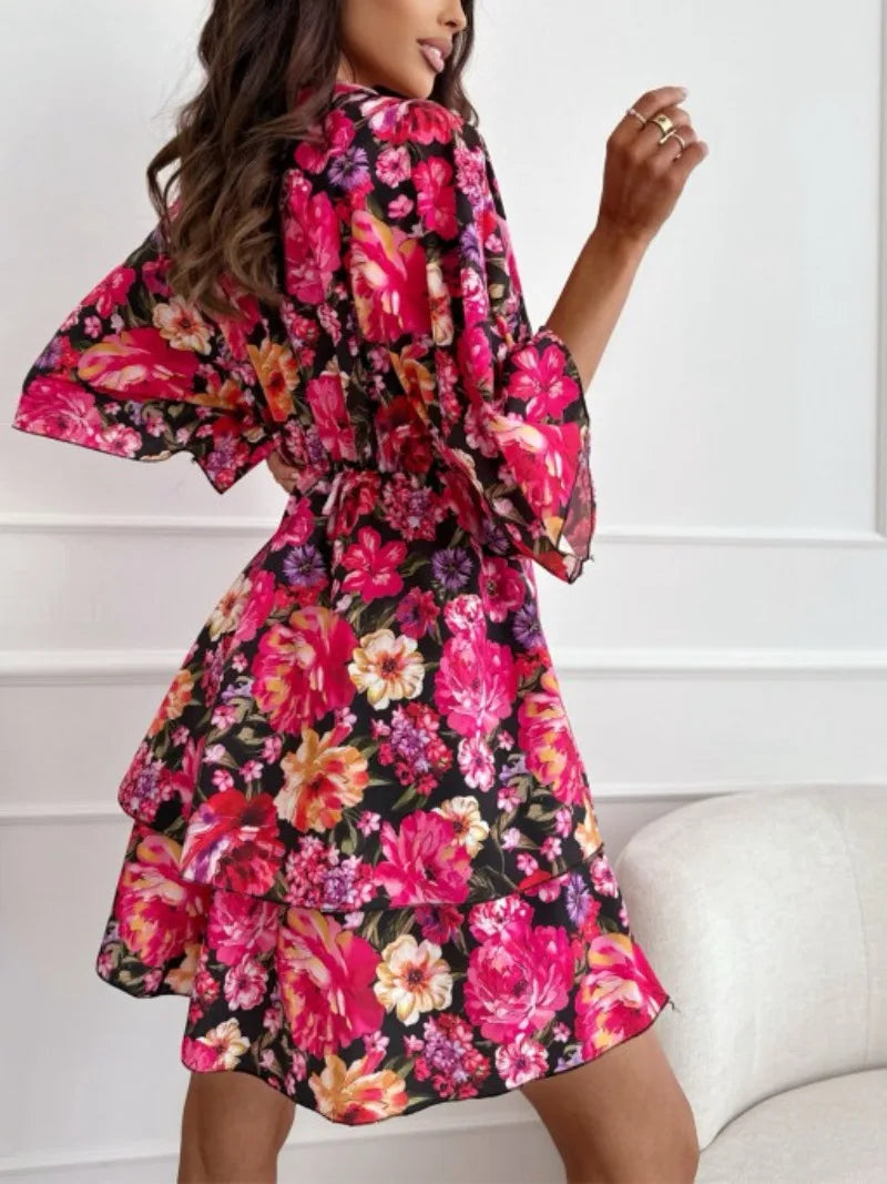 Floral A-Line Dress with Kimono Sleeves