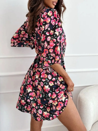 Floral A-Line Dress with Kimono Sleeves