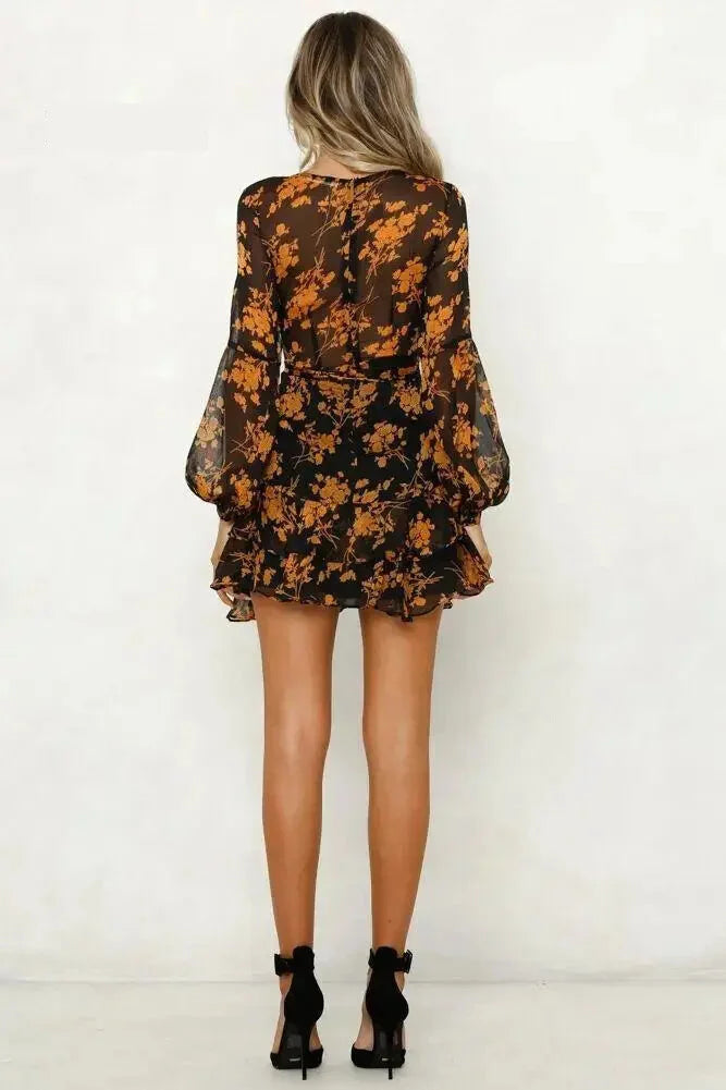 Mini Dresses - Floral V-Neck Long Sleeve Mini Dress - Sheer Elegance