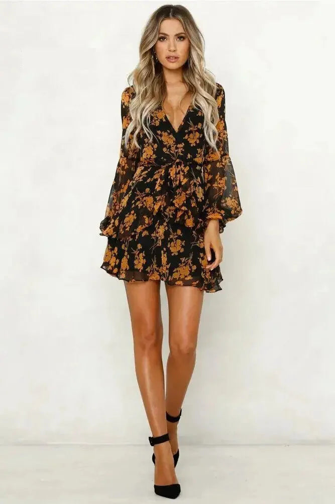 Mini Dresses - Floral V-Neck Long Sleeve Mini Dress - Sheer Elegance