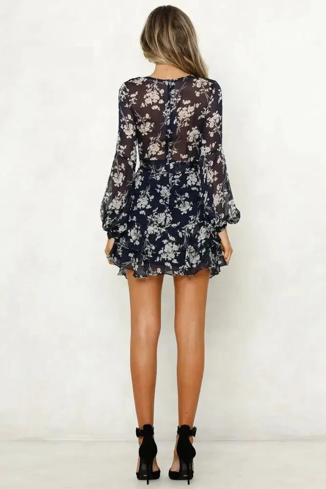 Mini Dresses - Floral V-Neck Long Sleeve Mini Dress - Sheer Elegance