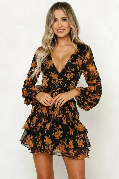 Mini Dresses - Floral V-Neck Long Sleeve Mini Dress - Sheer Elegance