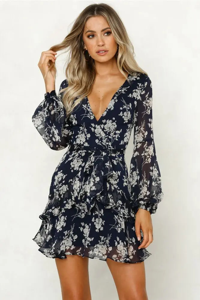 Mini Dresses - Floral V-Neck Long Sleeve Mini Dress - Sheer Elegance