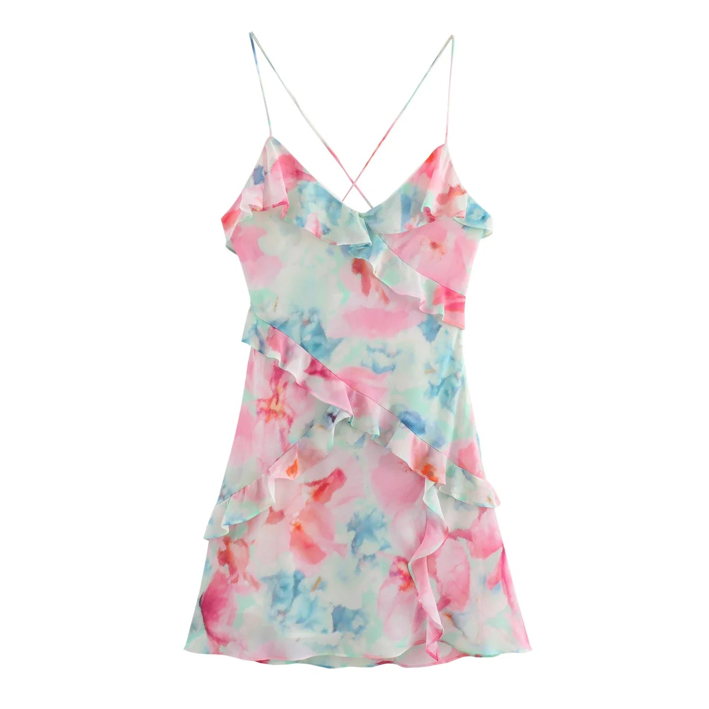 Mini Dresses- Summer Floral V-Neck Ruffle Mini Dress for Cocktail Parties- - Pekosa Women Fashion