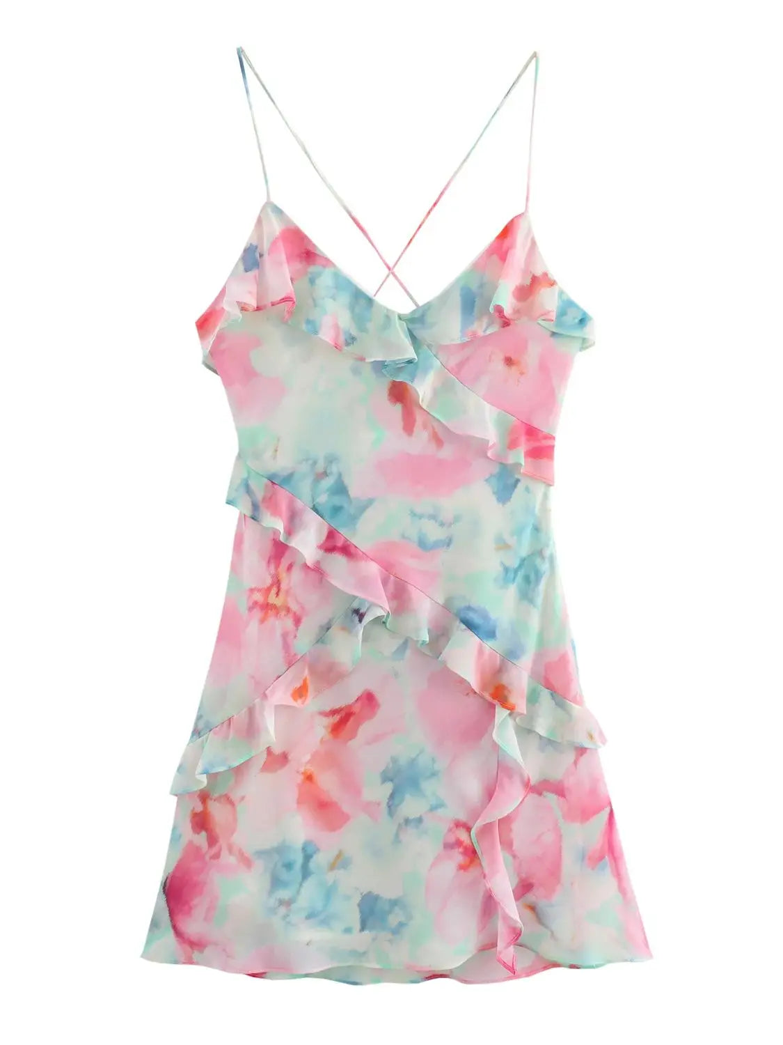 Mini Dresses- Summer Floral V-Neck Ruffle Mini Dress for Cocktail Parties- Pink Blue- Pekosa Women Fashion