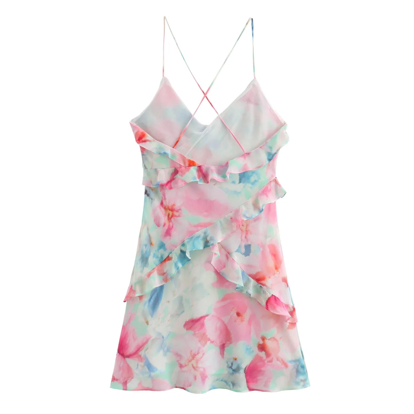 Mini Dresses- Summer Floral V-Neck Ruffle Mini Dress for Cocktail Parties- - Pekosa Women Fashion