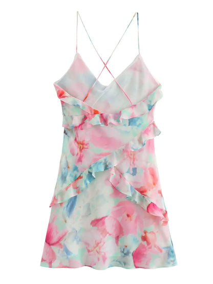 Mini Dresses- Summer Floral V-Neck Ruffle Mini Dress for Cocktail Parties- - Pekosa Women Fashion