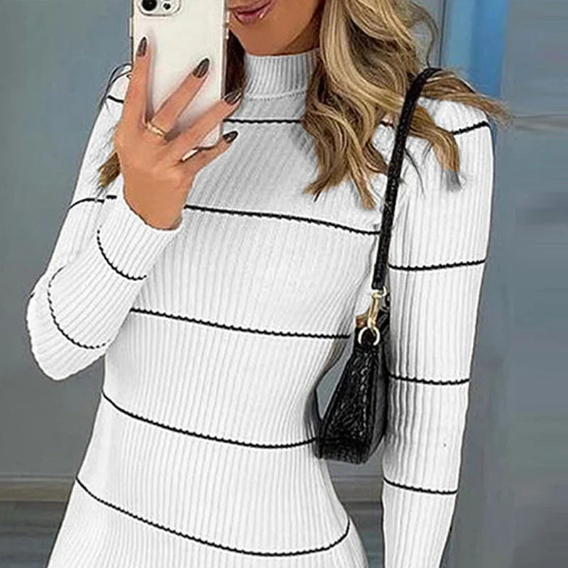 Mini Dresses- High Neck Striped Slim Fit Mini Dress with Long Sleeve- - Pekosa Women Fashion