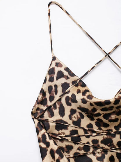 Mini Dresses- Leopard Print Cowl Neck Cocktail Dress- - Chuzko Women Clothing