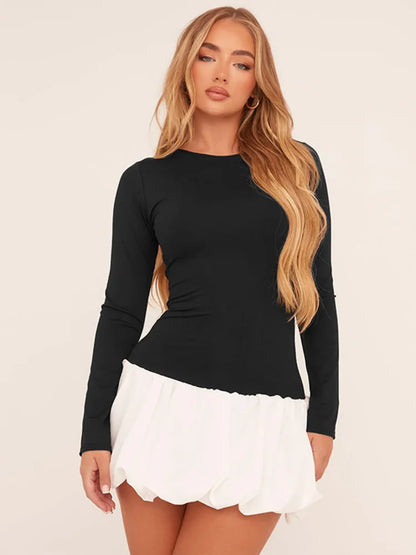 Mini Dresses - Long Sleeve A-line Bi-Color Mini Dress