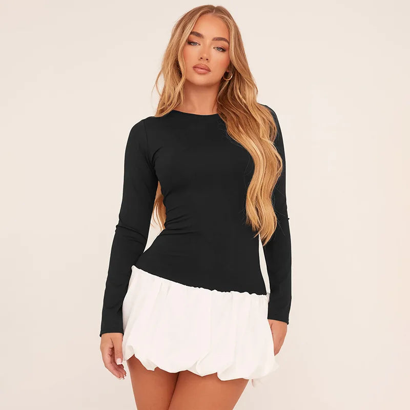 Mini Dresses - Long Sleeve A-line Bi-Color Mini Dress