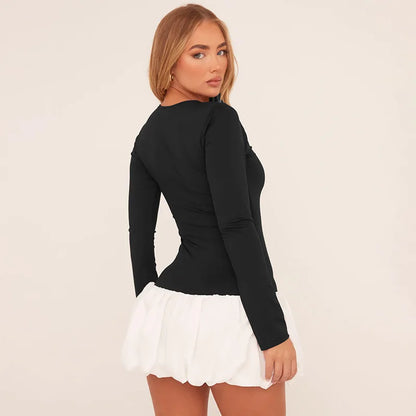 Mini Dresses - Long Sleeve A-line Bi-Color Mini Dress