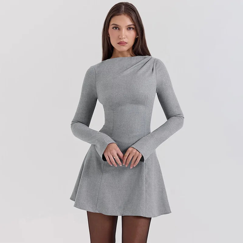 Mini Dresses - Long Sleeve High Waist Casual Mini Dress