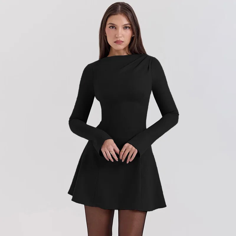 Mini Dresses - Long Sleeve High Waist Casual Mini Dress