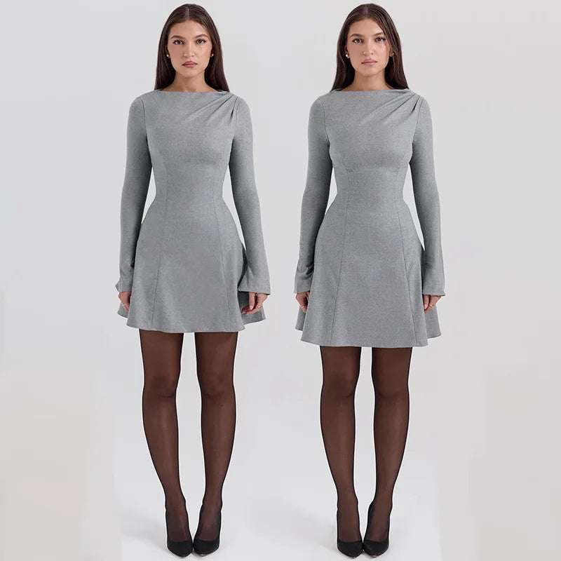 Mini Dresses - Long Sleeve High Waist Casual Mini Dress