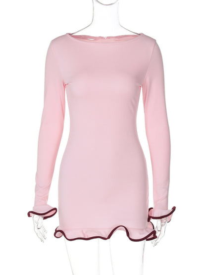 Mini Dresses - Long Sleeve Mini Dress with Piping