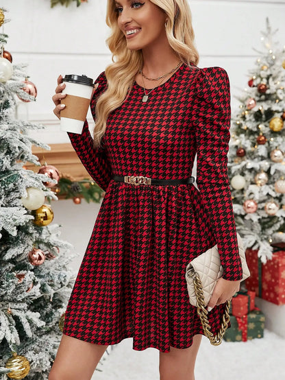 Mini Dresses - Long Sleeved Fit & Flare Mini Dress Houndstooth Pattern for Casual Events