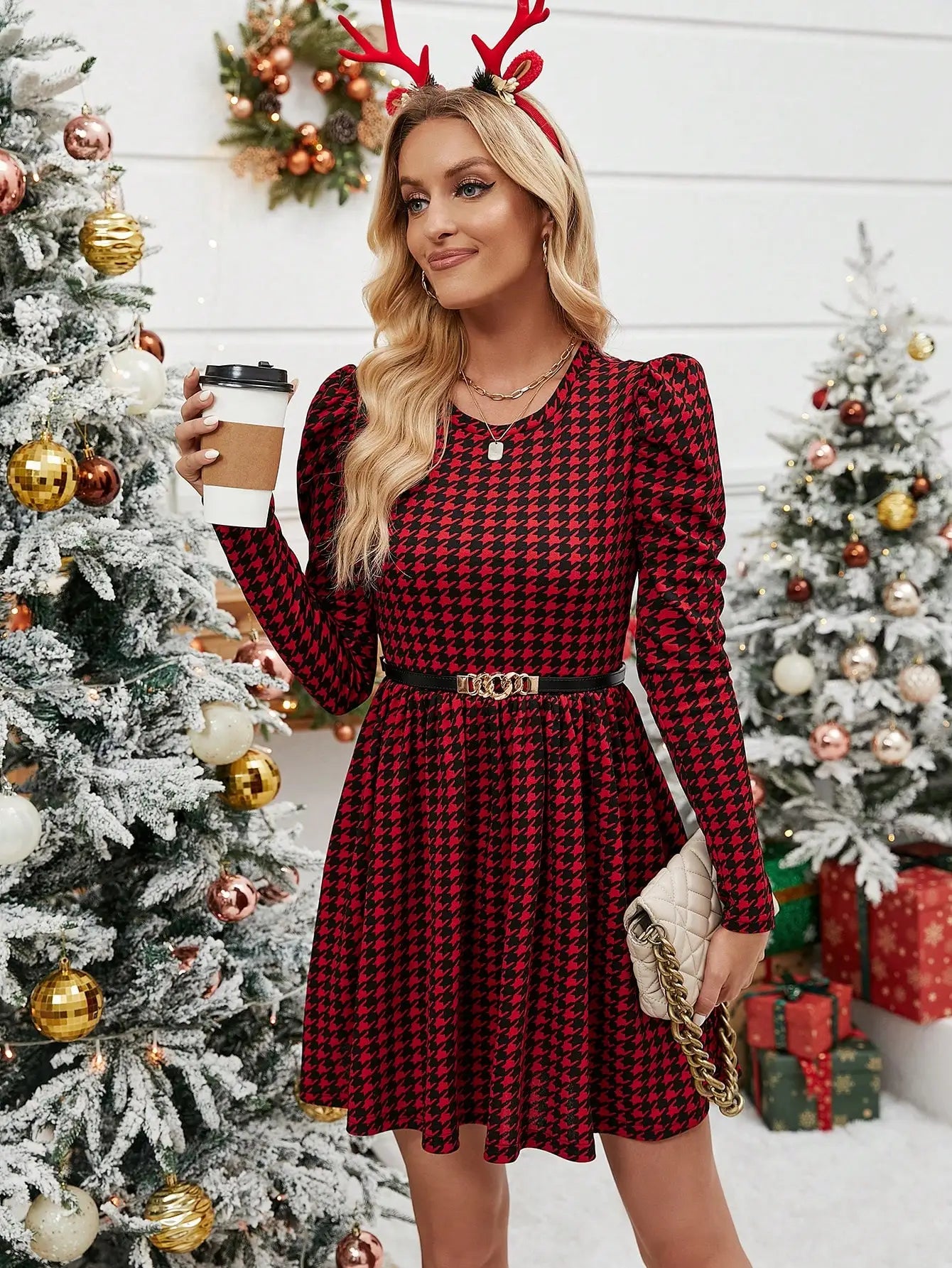 Mini Dresses - Long Sleeved Fit & Flare Mini Dress Houndstooth Pattern for Casual Events