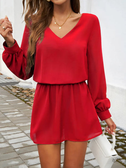 Mini Dresses - Minimalist V-Neck Bishop Sleeve Dress